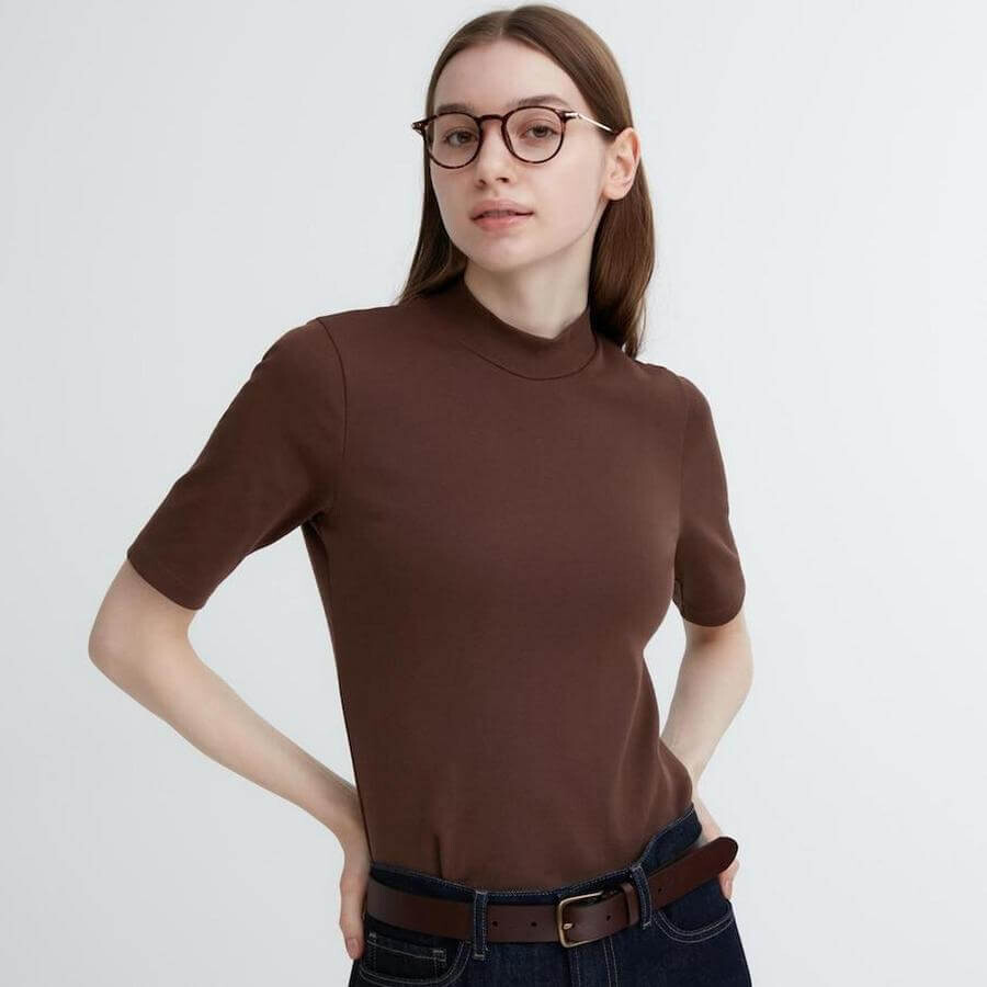 

Футболка с завышенным воротом и удлиненными рукавами Uniqlo Cotton, коричневый