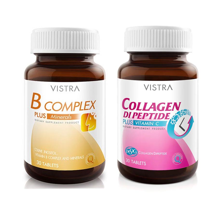 Набор пищевых добавок Vistra B-complex Plus Minerals + Collagen Dipeptide Plus Vitamin C, 2 банки по 30 таблеток последнее новшество