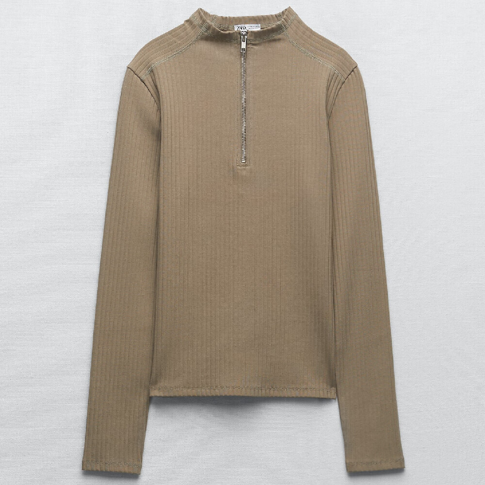 

Водолазка Zara Ribbed With Zip, коричневый