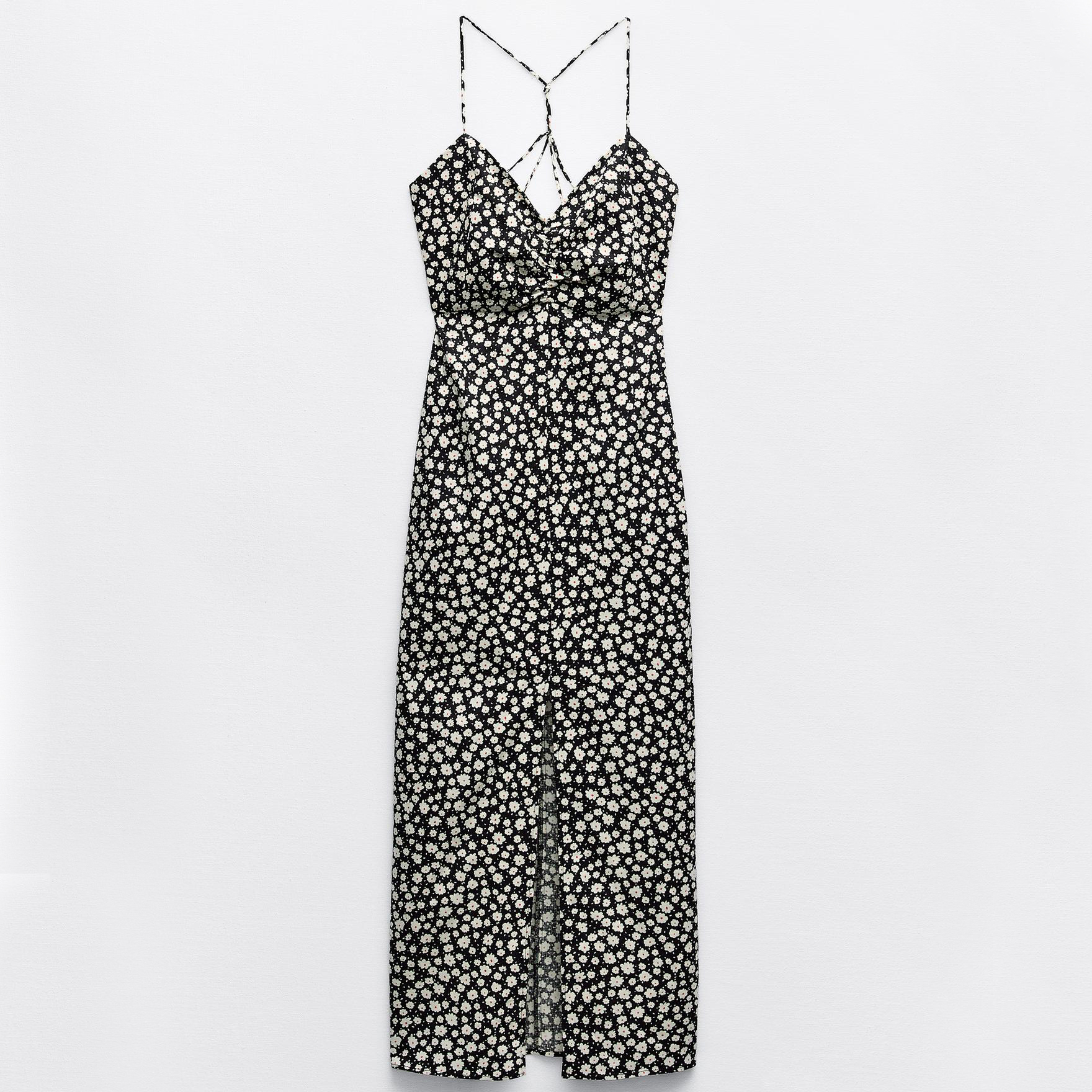 Платье Zara Linen-blend Floral Print Midi, черный/белый