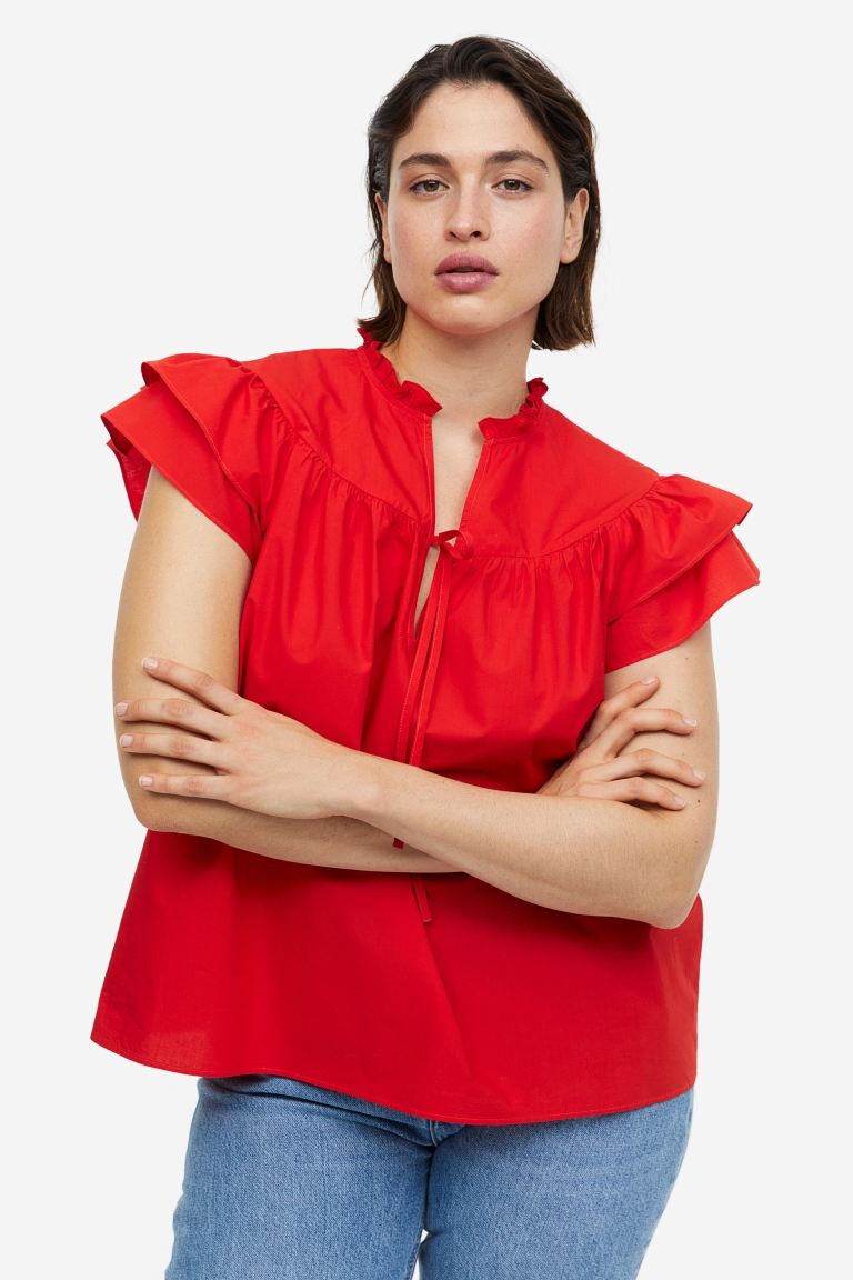 

Поплиновая блуза с развевающимися рукавами H&M, красный