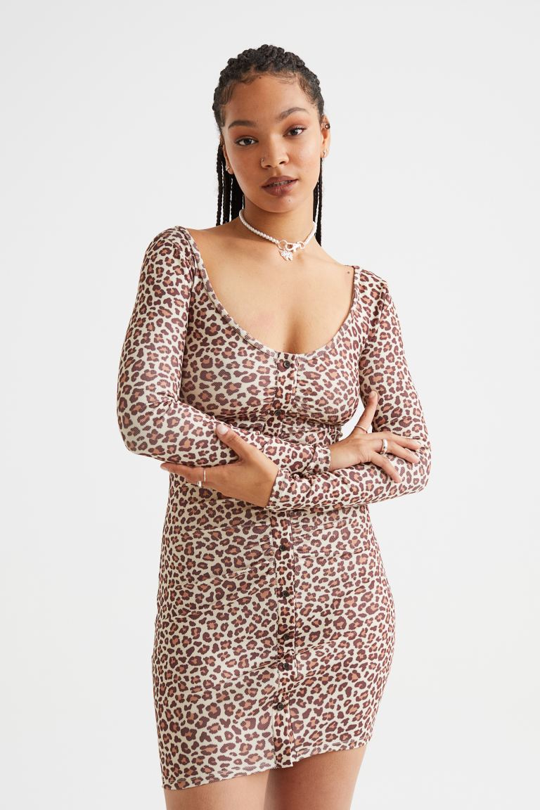 Платье с пуговицами спереди H&M, светло-бежевый/леопардовый принт