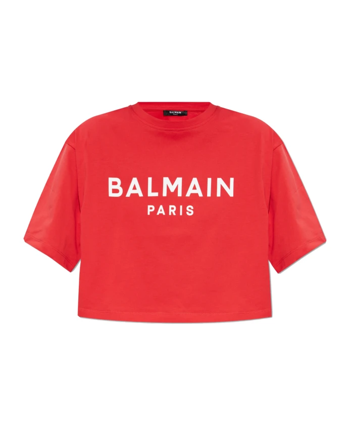 

Короткая футболка с принтом логотипа Balmain, красный
