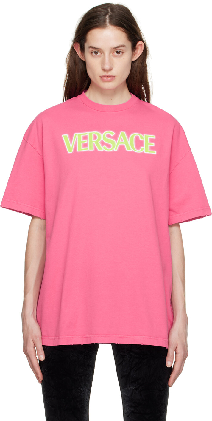 

Розовая рваная футболка Versace, Розовый