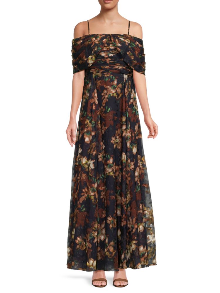 цена Плиссированное платье с открытыми плечами и цветочным принтом Mikael Aghal, цвет Navy Multi