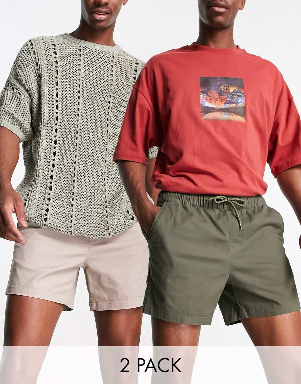 

Набор из двух узких шорт чинос ASOS DESIGN темно-хаки и бежевого цвета