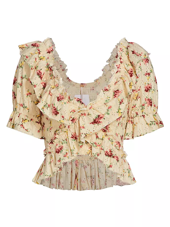 

Укороченная хлопковая блузка с рюшами и цветочным принтом Favorite Girl Free People, цвет tea combo