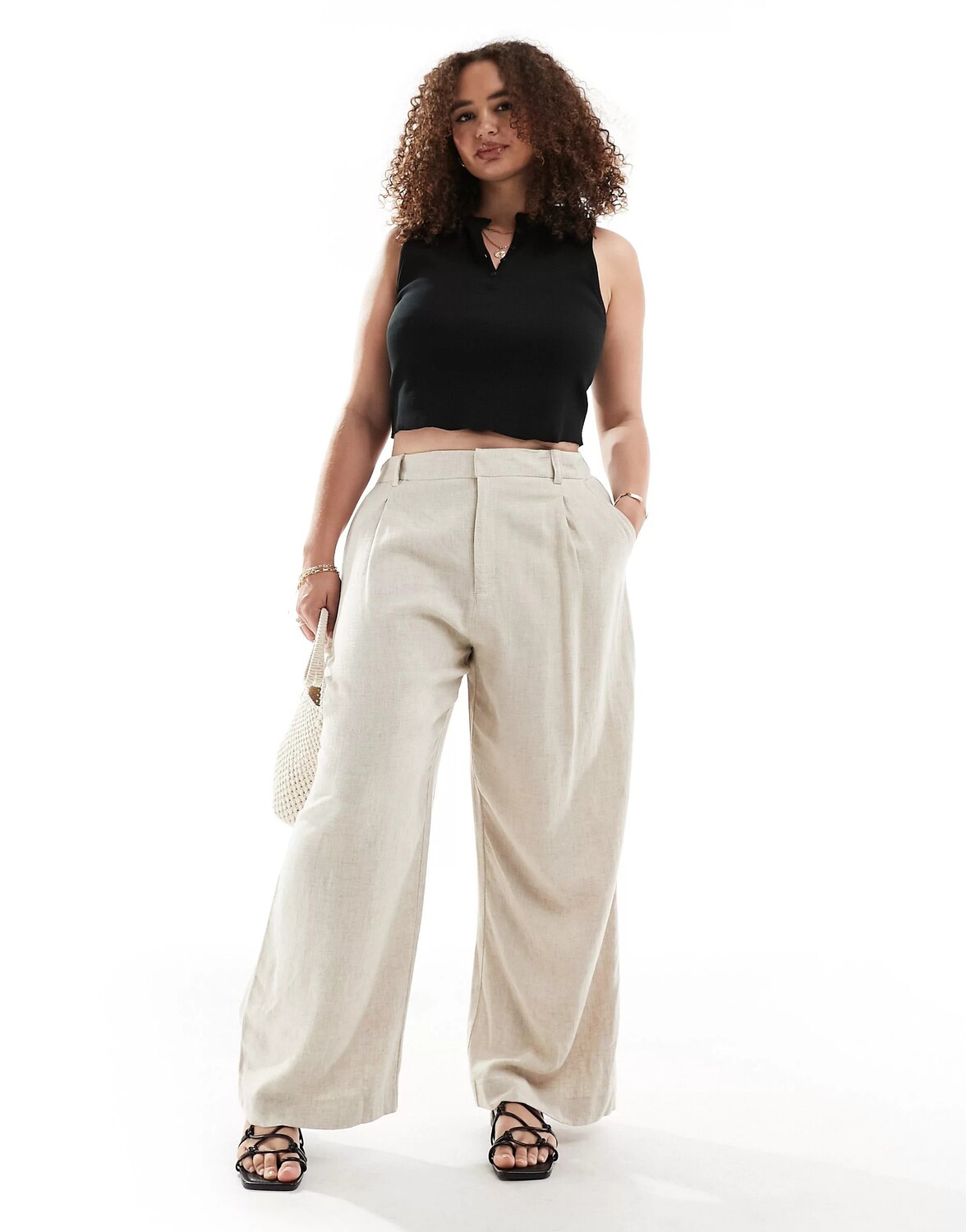 

Брюки Asos Design Curve Wide Leg Dad With Linen, светло-серый