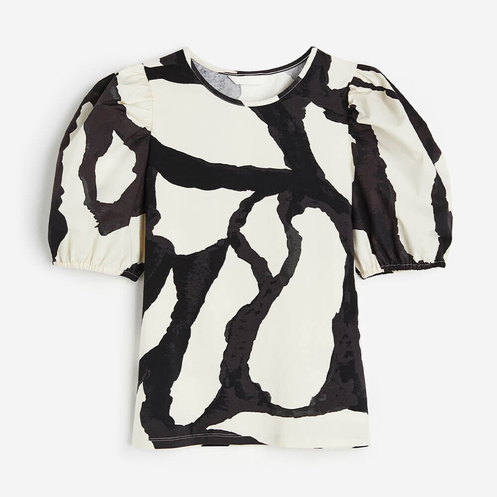 

Топ H&M Puff-sleeved, чёрный/кремовый