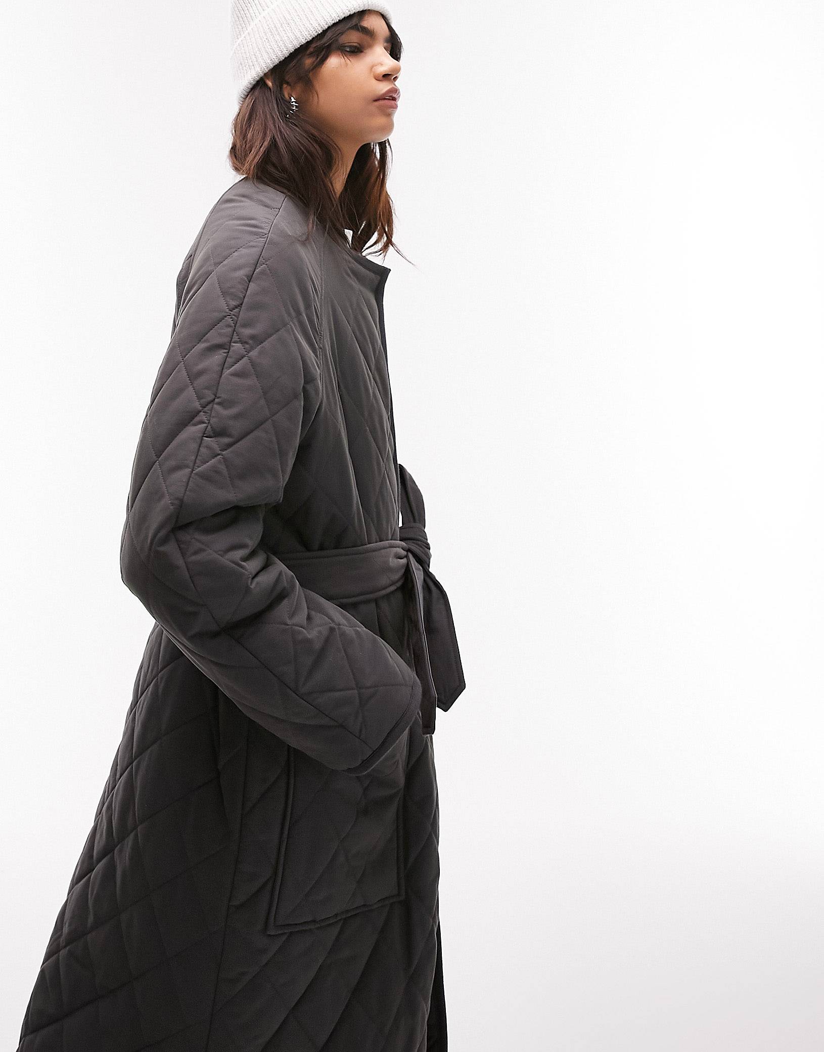 Темно-серое стеганое пальто без воротника Topshop жаккардовое пальто без воротника
