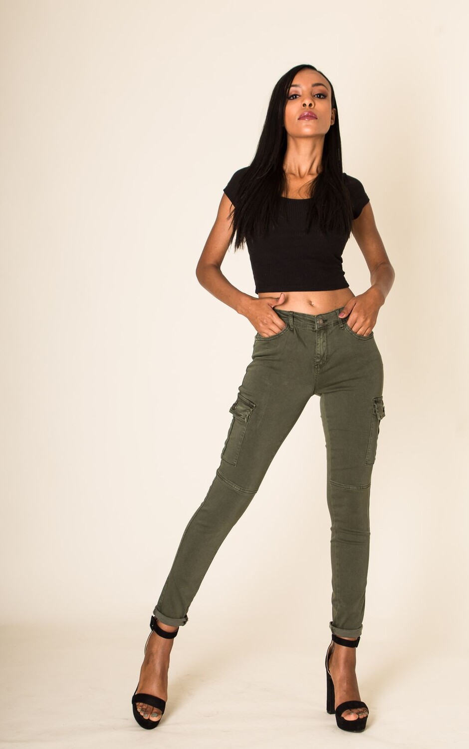 

Брюки Nina Carter Denim Cargo Stretch Jeans Hose Röhrenjeans, темно-зеленый