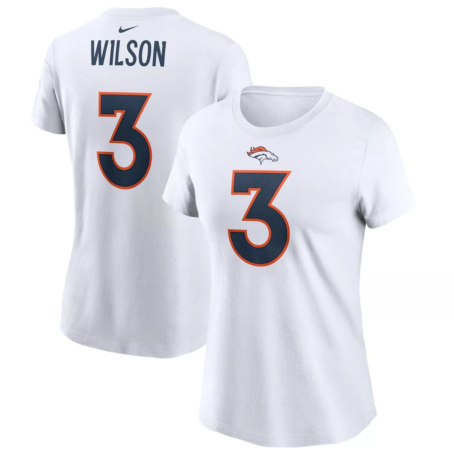 

Женская белая футболка Nike Russell Wilson Denver Broncos с именем и номером игрока Nike, Белый