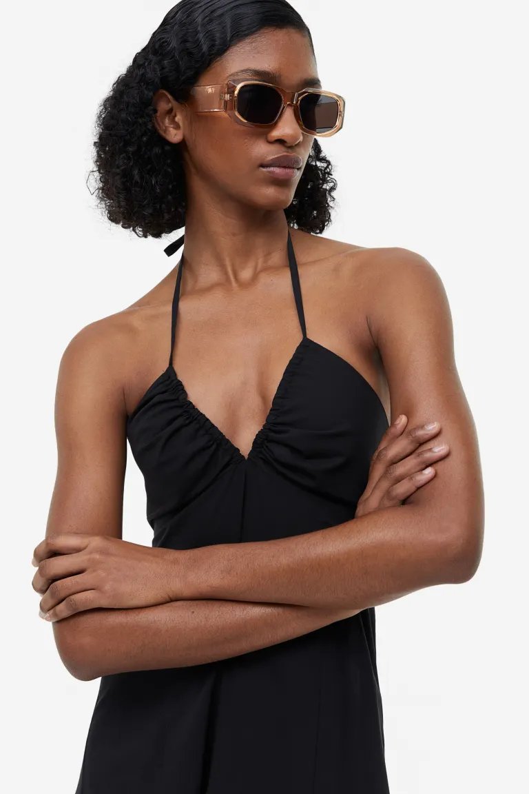Платье из хлопка с кружевами на шее H&M, черный