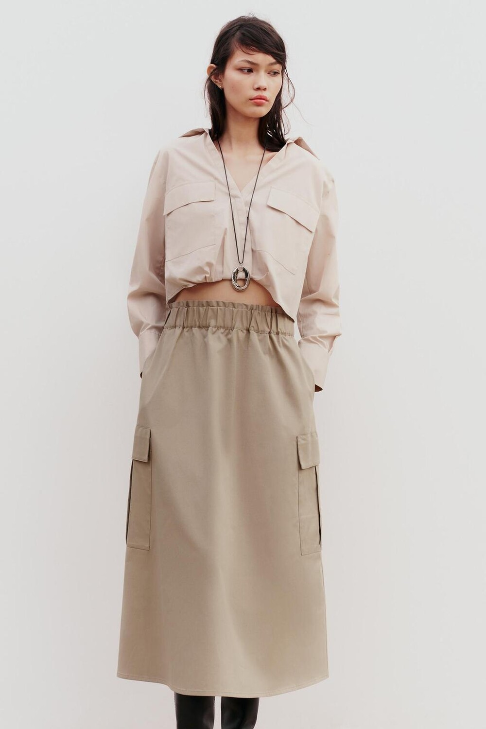 

Укороченная рубашка из поплин ZARA, кэмел легкий