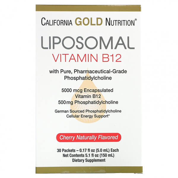 Липосомальный витамин B12 California Gold Nutrition 5 мл, 30 пакетиков липосомальный витамин c california gold nutrition 1000 мг 30 пакетиков