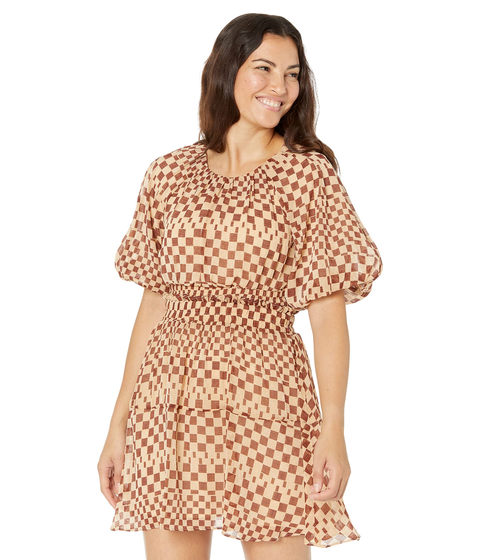 

Платье MOON RIVER, Grid Print Bubble Sleeve Back Cutout Mini Dress