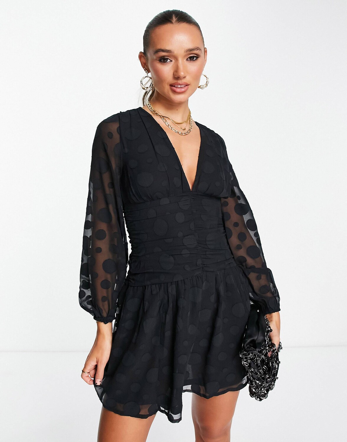 

Жаккардовое платье мини с длинными рукавами и рюшами спереди ASOS DESIGN