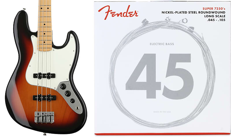 

Fender Player Jazz Bass — 3-тональные солнечные лучи с кленовым грифом в комплекте со струнами Fender 7250M из никелированной стали с длинной мензурой для бас-гитары — .045–.105 Medium 0149902500=1 0737250406=1