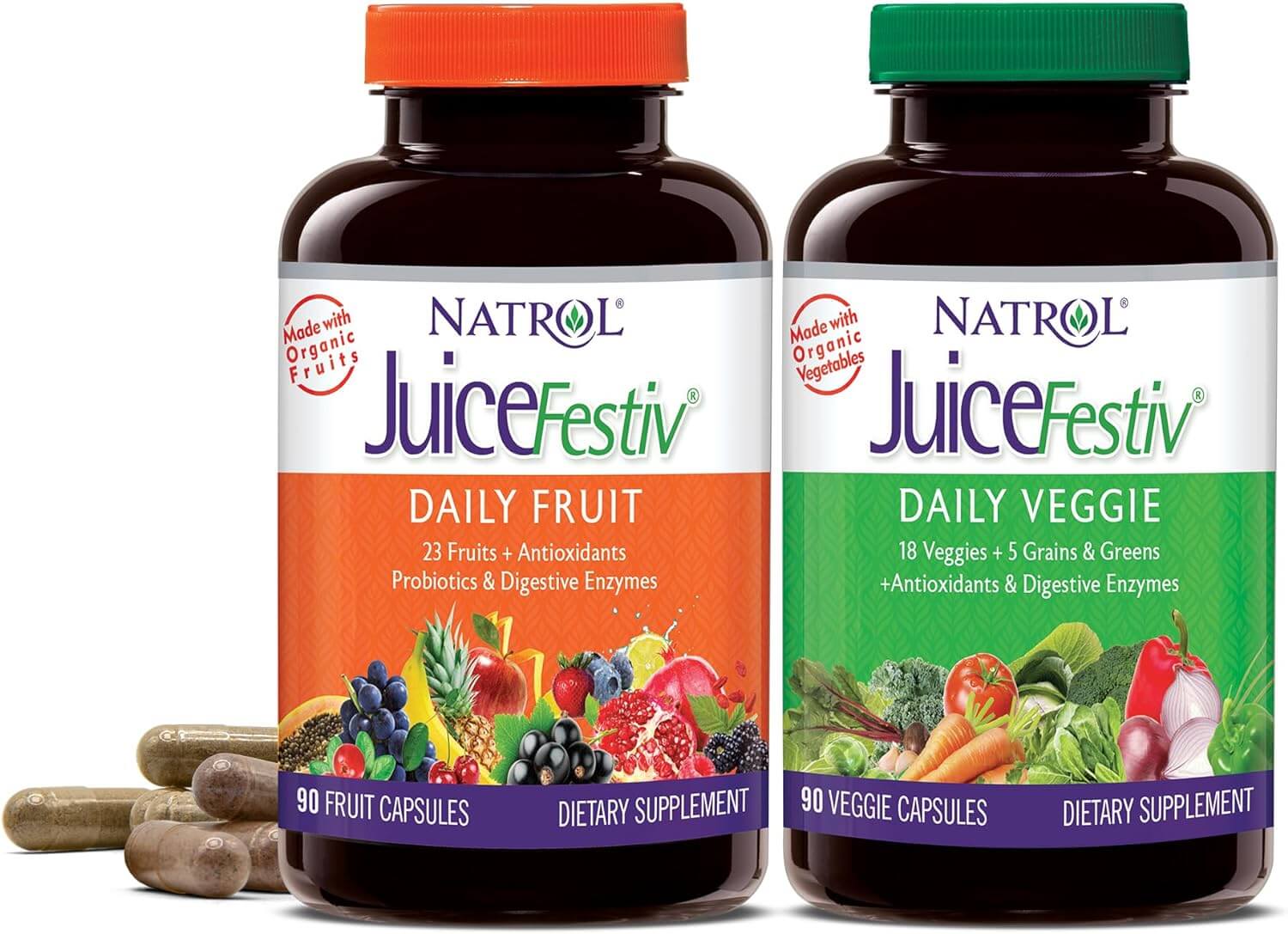 Набор пищевых добавок с экстрактами фруктов и овощей Natrol JuiceFestiv Daily Better Nutrition, 2 банки х 45 капсул swanson brain essentials memory support 60 veggie capsules