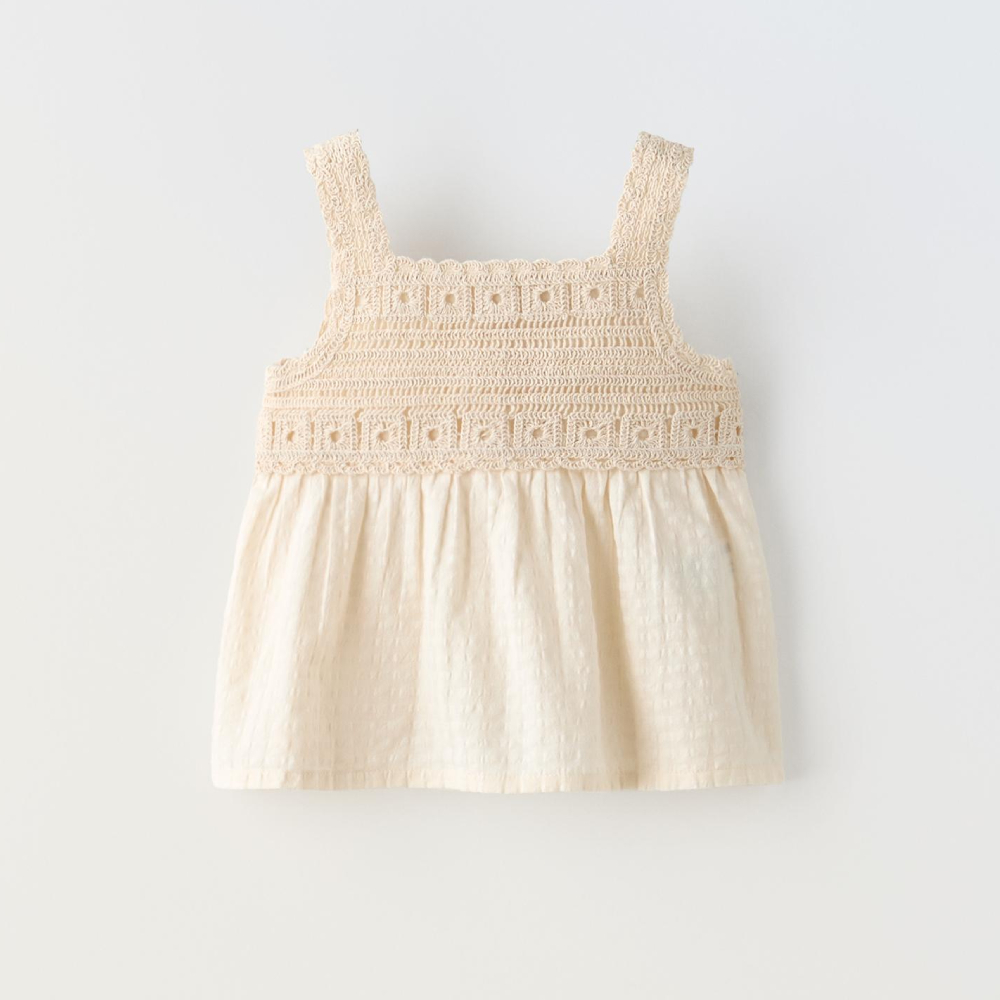 Топ Zara Contrast Crochet, экрю топ zara technical contrast белый