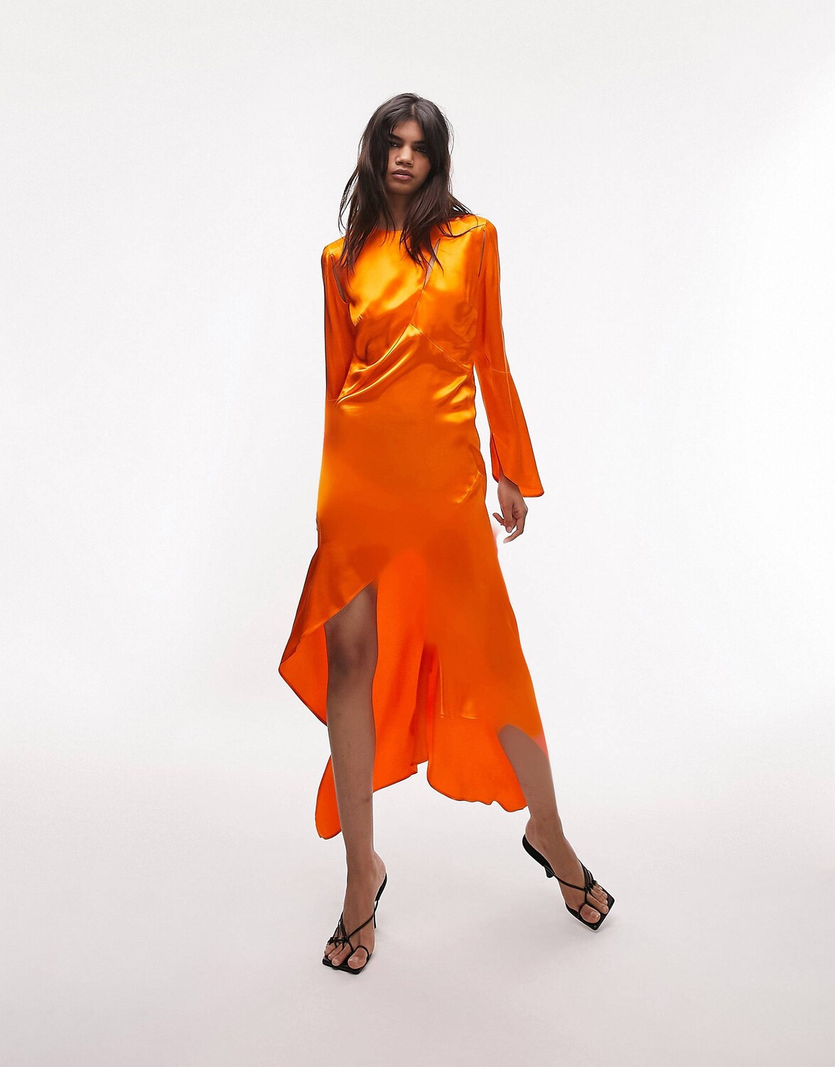 Атласное оранжевое платье миди асимметричного кроя Topshop