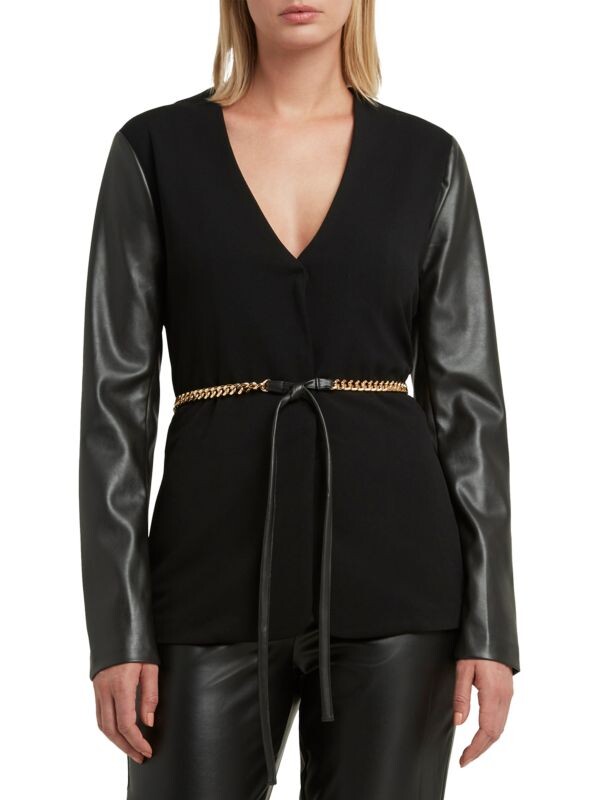 

Куртка из крепа и искусственной кожи с поясом H Halston Black