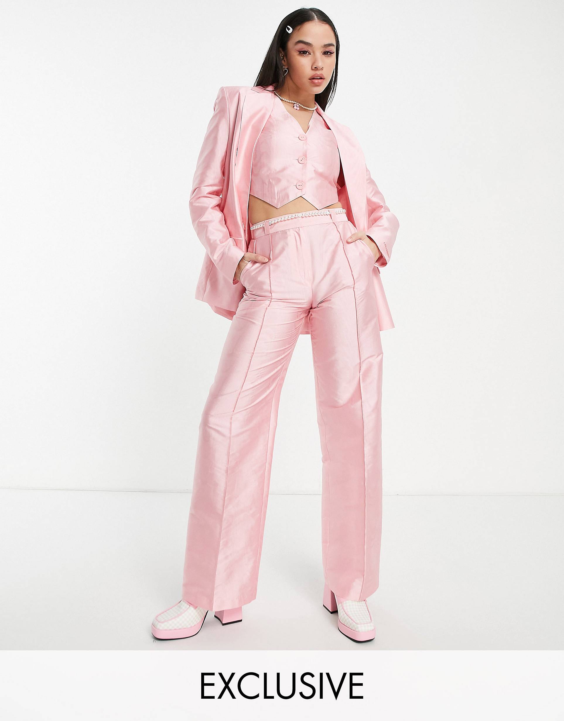 Розовые прямые брюки COLLUSION с поясом из искусственного жемчуга цена и фото