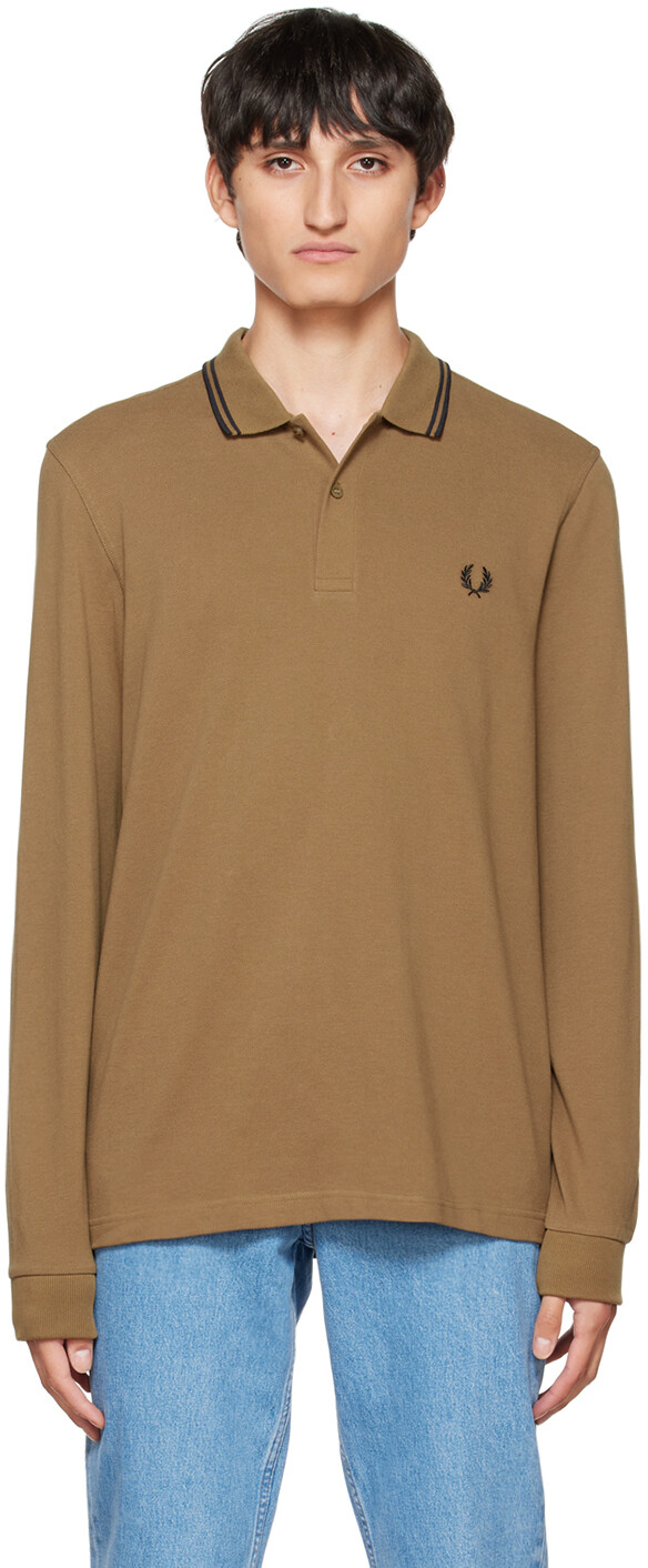 

Коричневая футболка-поло с длинным рукавом и двумя концами Fred Perry