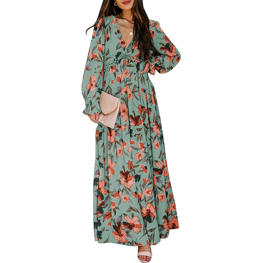 Платье Blencot Casual Floral Deep V Neck Long Sleeve, зеленый цена и фото