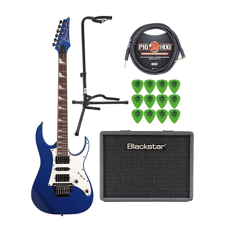 

Электрогитара Ibanez RG450DX серии RG (правая рука, Starlight Blue) в комплекте с тренировочным усилителем, подставкой для гитары на штативе, гитарным кабелем, учебником по игре на гитаре и гитарными медиаторами (12 шт.)