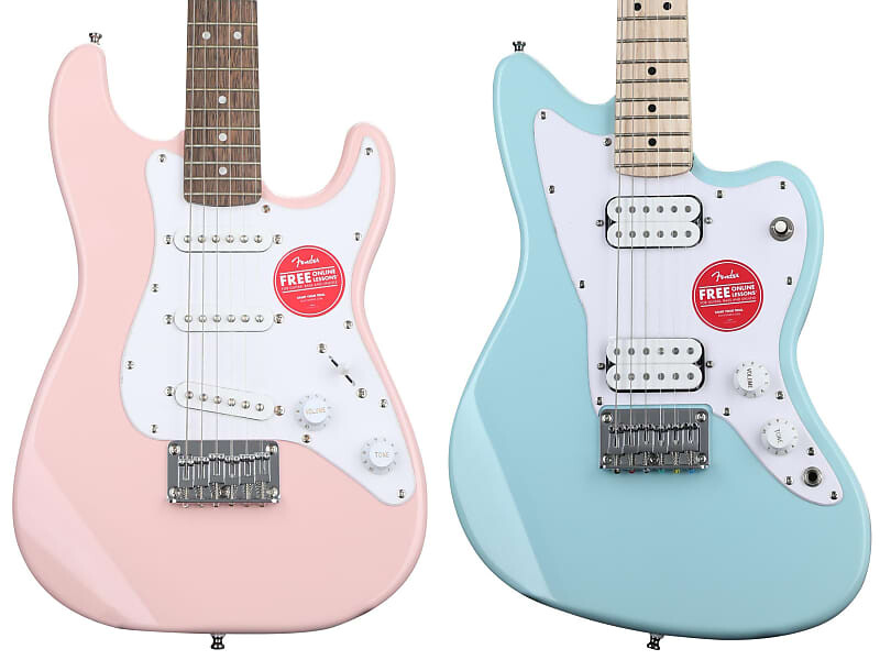 

Электрогитара Squier Mini Strat - розовый цвет с лавровой накладкой на гриф, комплект с электрогитарой Squier Mini Jazzmaster HH - синяя дафна с кленовой накладкой на гриф 0370125504=1 0370121556=1
