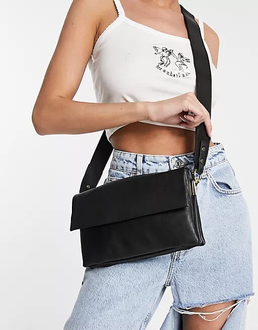 

Сумка через плечо с клапаном из чистой кожи ASOS DESIGN, черный