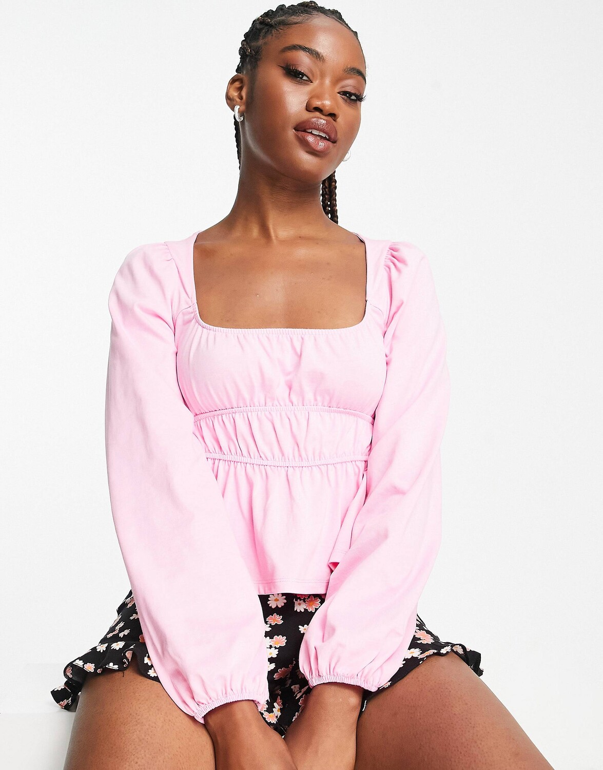 

Розовый топ с длинными рукавами и присборенной талией ASOS DESIGN
