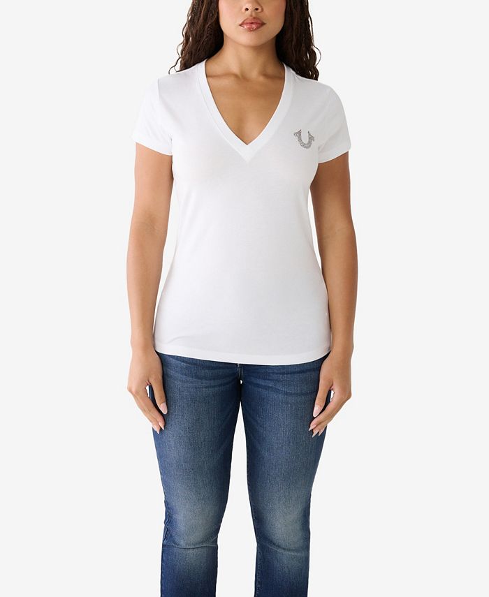 цена Женская футболка с короткими рукавами и V-образным вырезом с бриллиантами True Religion, белый