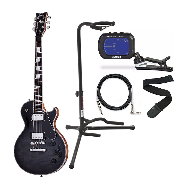 Комплект 6-струнной электрогитары Schecter Solo-II Custom (Trans Black Satin) с пристегивающимся хроматическим тюнером, штативом для гитары, гитарным кабелем и гитарным ремнем