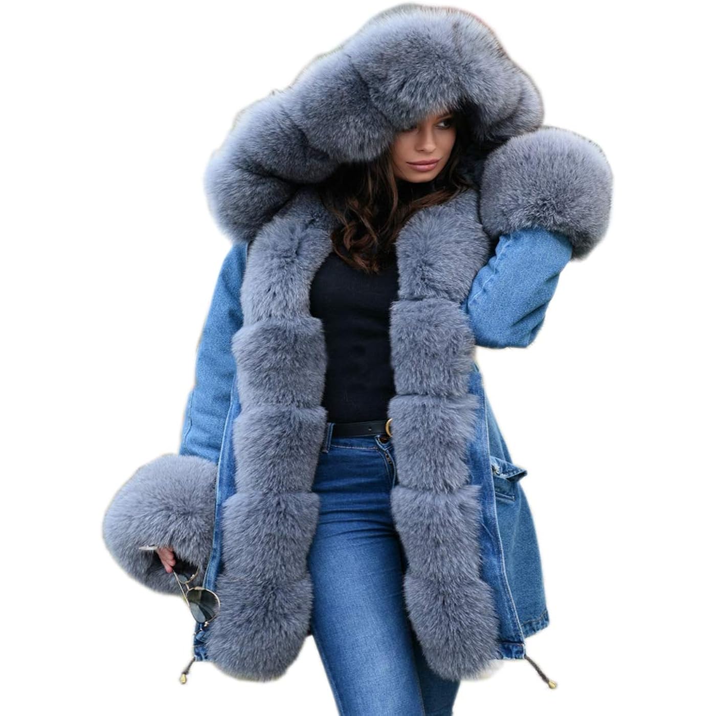 Парка Aofur Long Warm Denim Winter Faux Fur Collar Qulited Women's, синий/серый