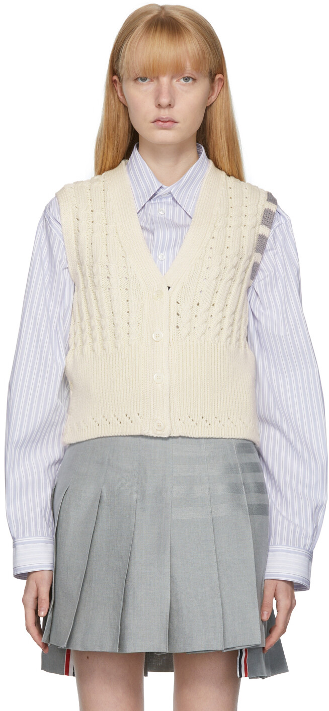 

Вязаный кардиган Off-White с 4 полосами Thom Browne