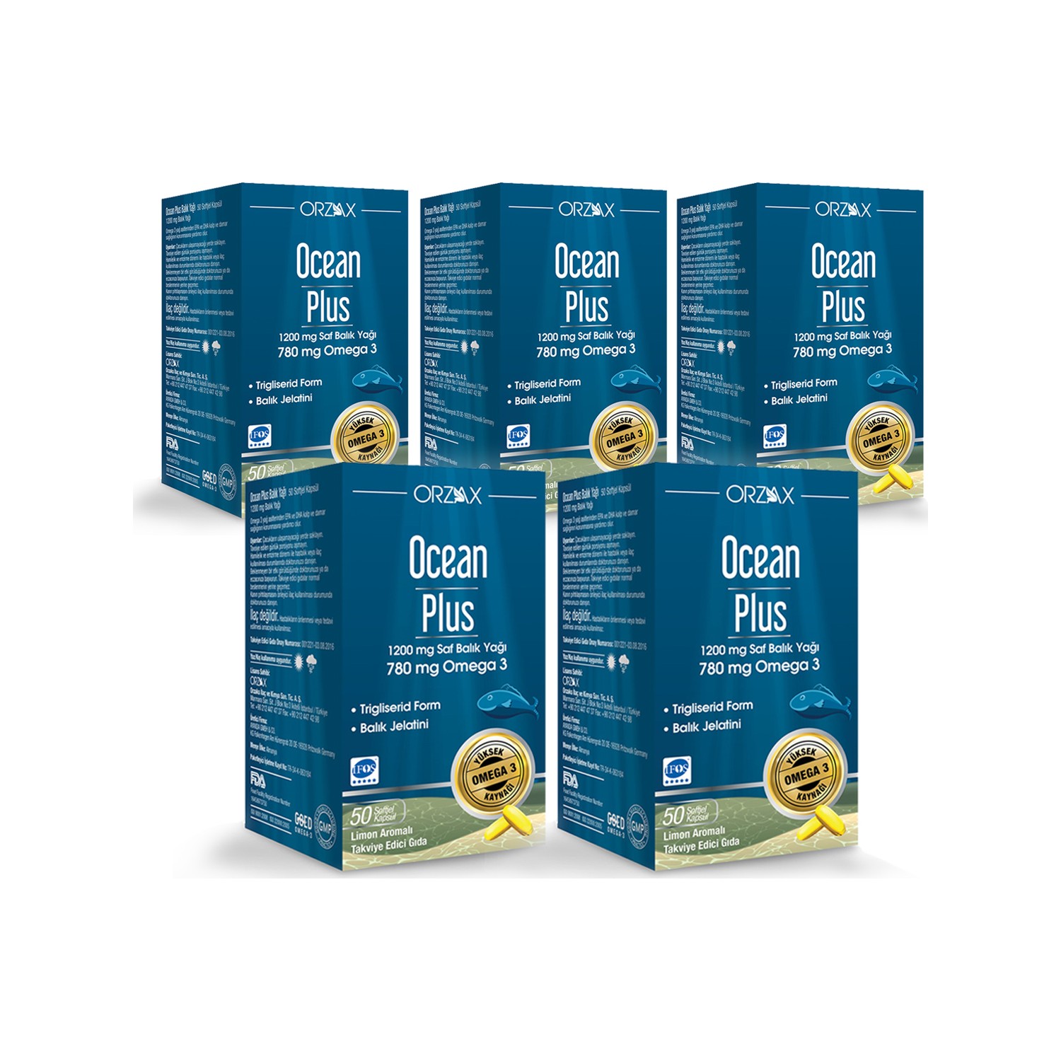 Омега-3 Plus Orzax Ocean 1200 мг со вкусом лимона, 5 упаковок по 50 капсул омега 3 ocean ultimate 1050 мг 30 капсул