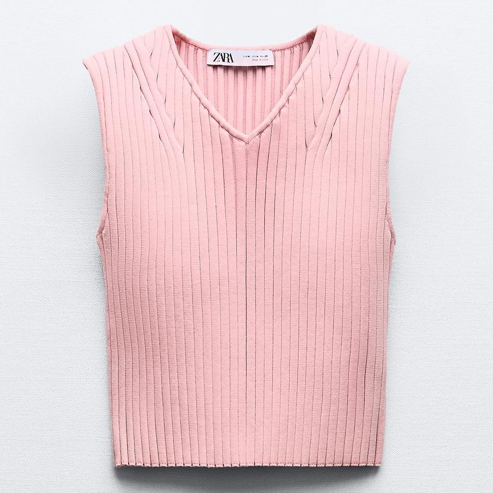 женский летний топ без рукавов с v образным вырезом Кроп-топ Zara Ribbed Knit, розовый