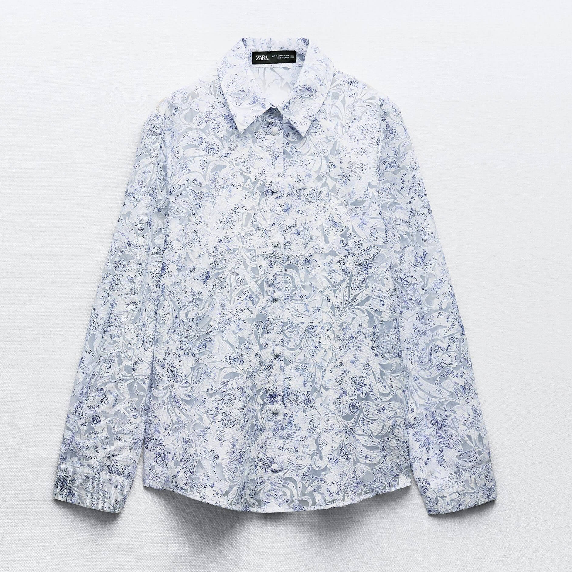 Рубашка Zara Printed Devoré, синий/белый