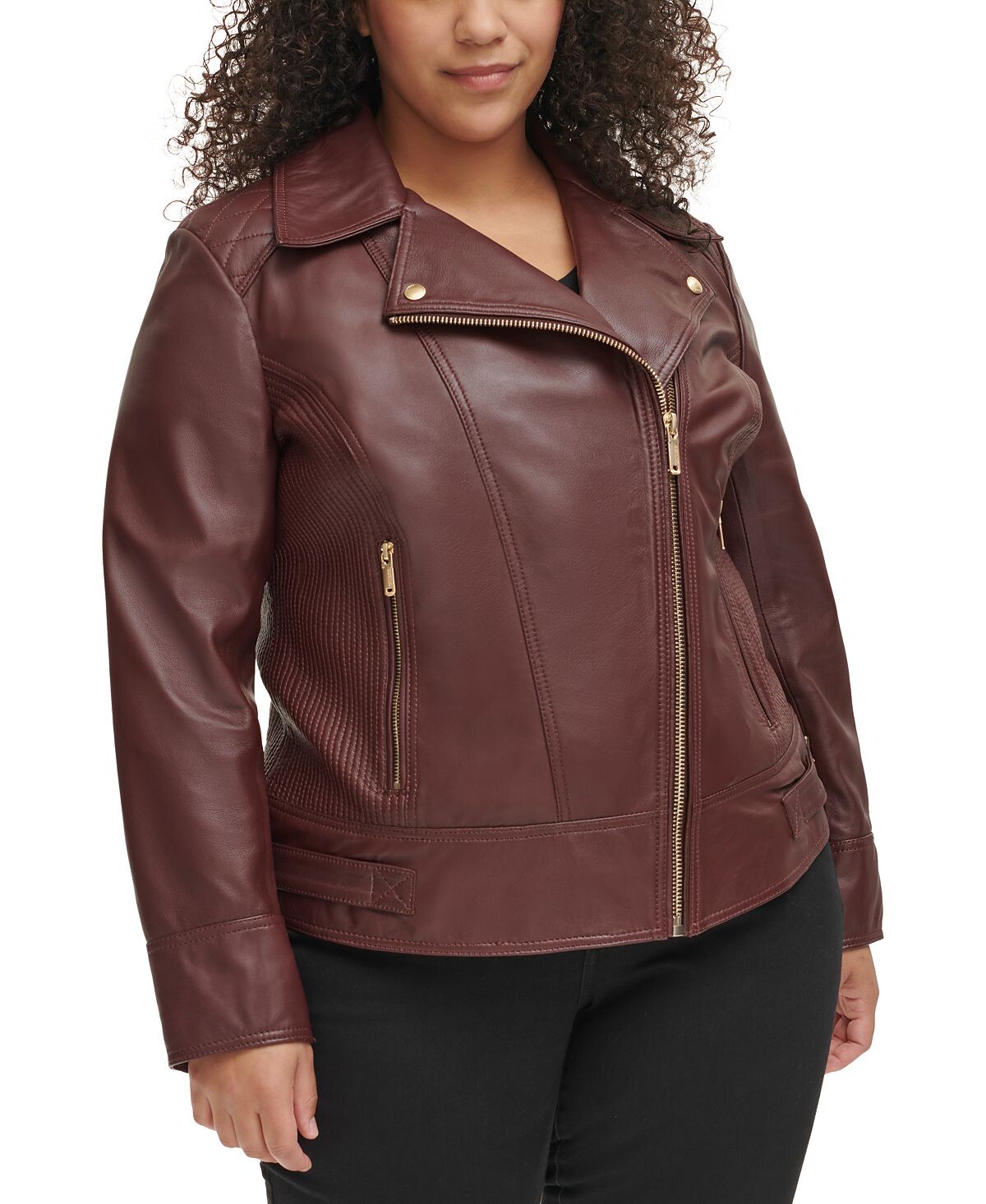 

Кожаное мотоциклетное пальто больших размеров со стегаными боками GUESS