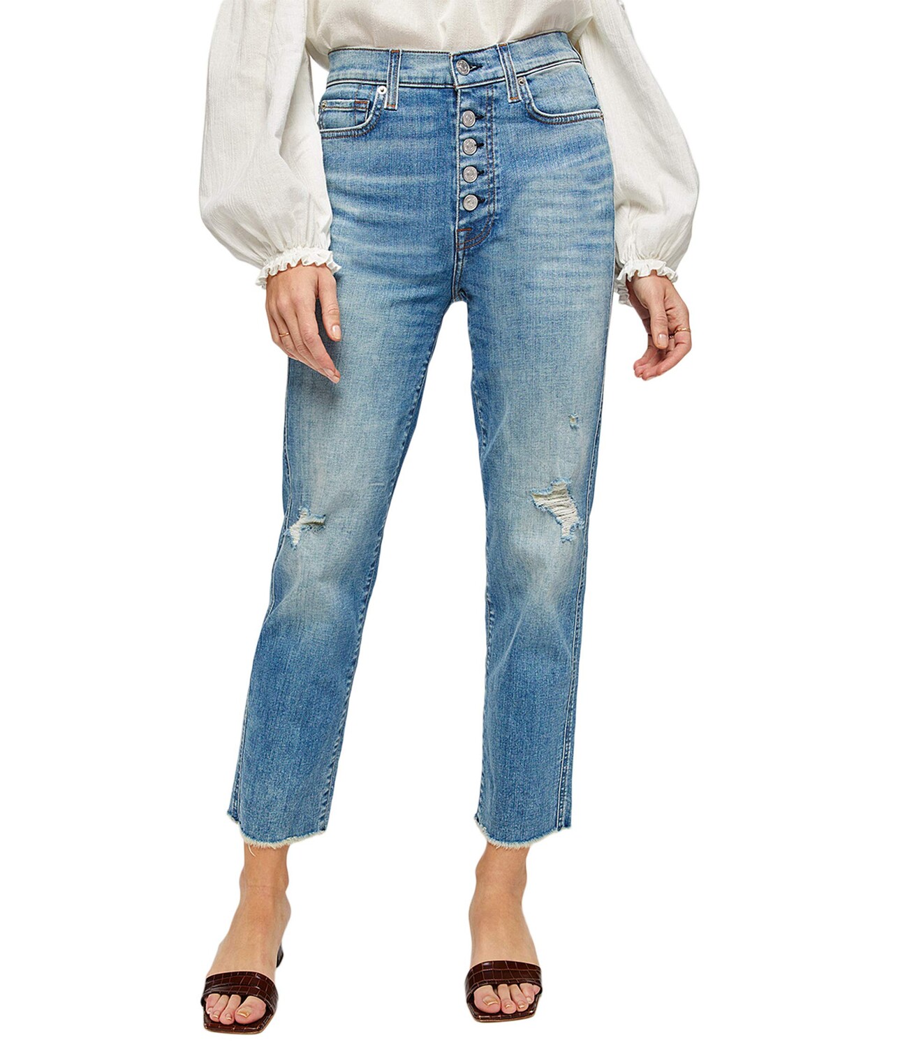 

Джинсы 7 For All Mankind, High-Waist Cropped Straight w/ Exposed Buttons in Aquarius/Destroy
