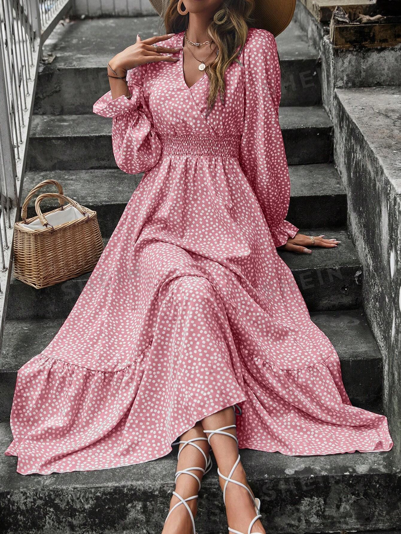 цена SHEIN LUNE Женское платье миди с запахом на талии и растительным принтом, розовый
