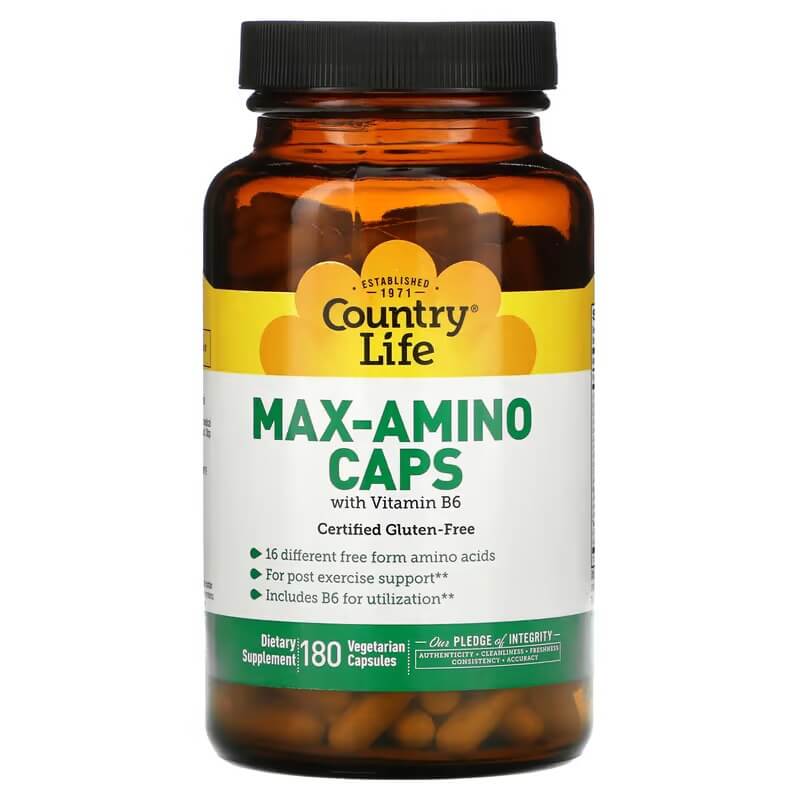 country life max amino caps с витамином b6 180 вегетарианских капсул Аминокислоты с витамином B-6 Country Life, 180 капсул