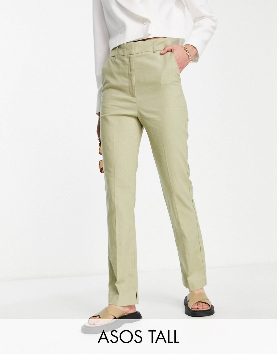 

Оливковые узкие льняные брюки-сигареты ASOS DESIGN Tall