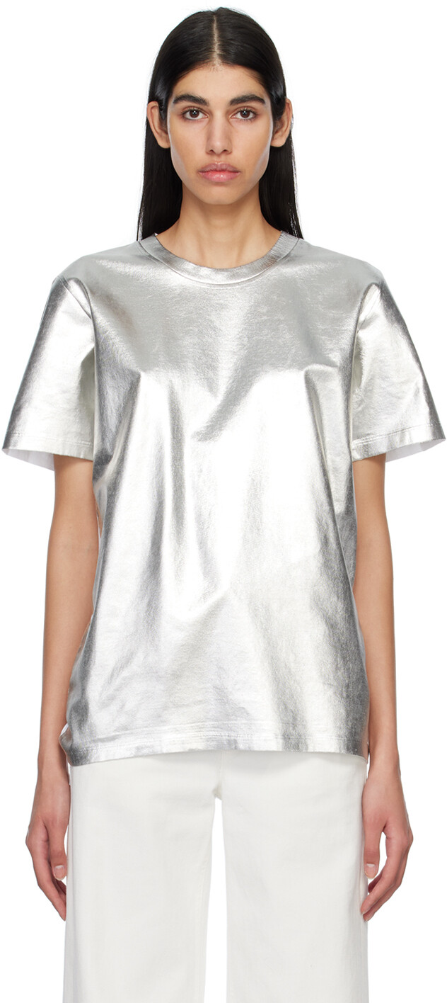 

Серебристо-белая футболка с эффектом металлик MM6 Maison Margiela, Белый