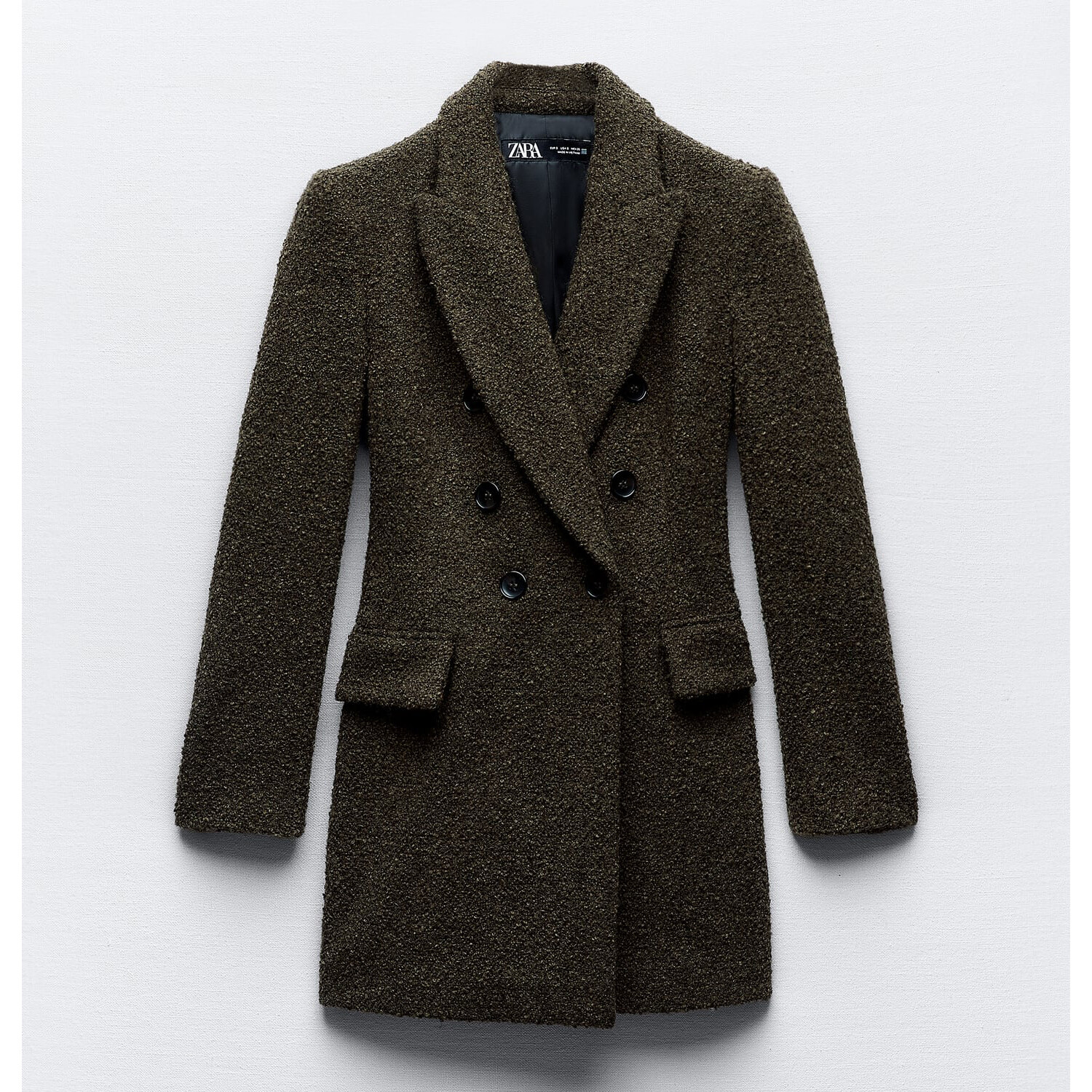 

Пиджак Zara Long Double-breasted Bouclé, хаки