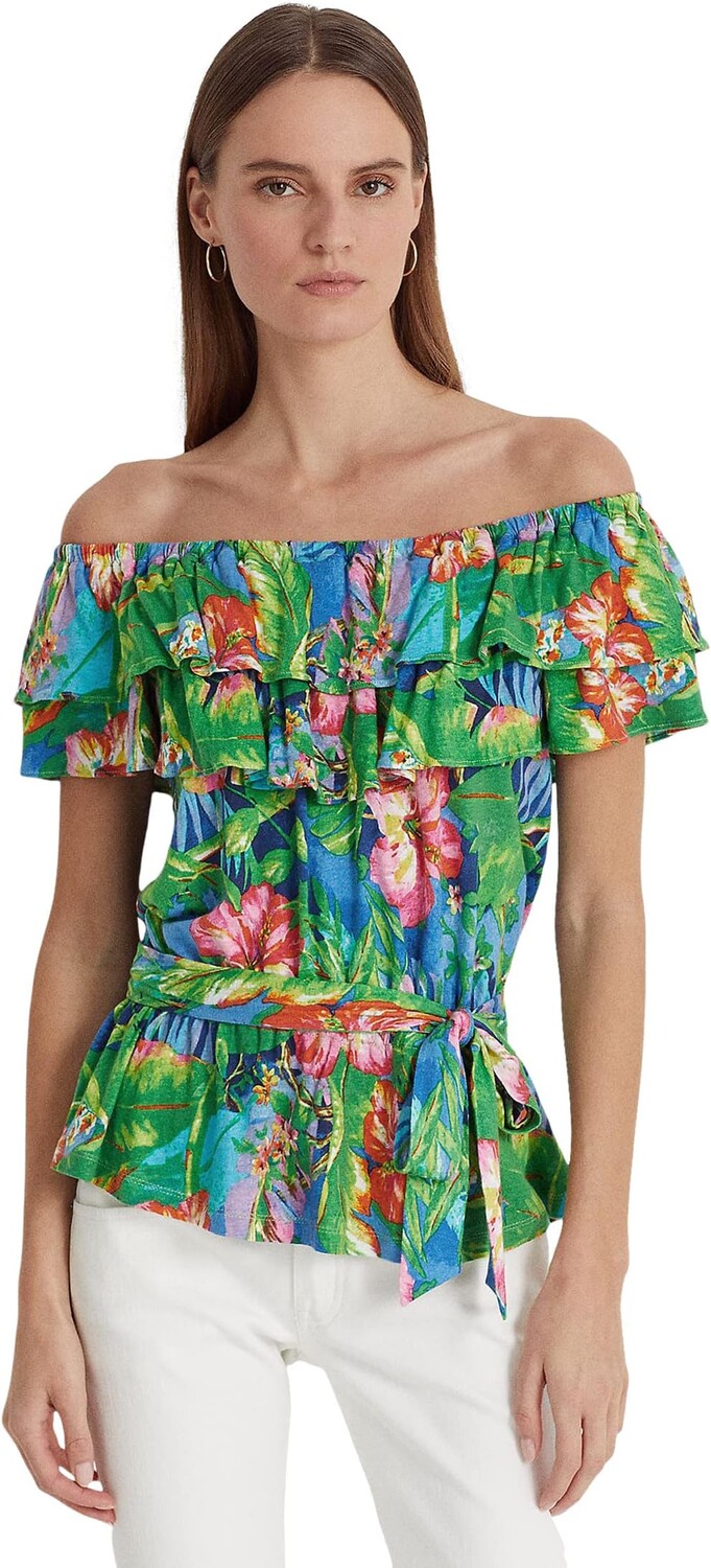 

Трикотажный топ с открытыми плечами Petite с цветочным принтом LAUREN Ralph Lauren, цвет Green/Blue Multi