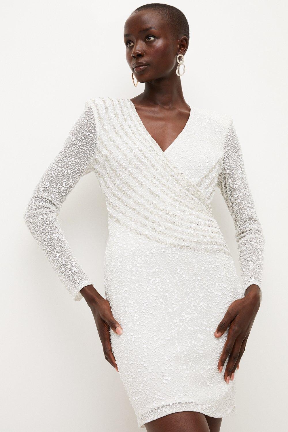 

Мини-платье с кристаллами и драпировкой спереди Karen Millen, белый