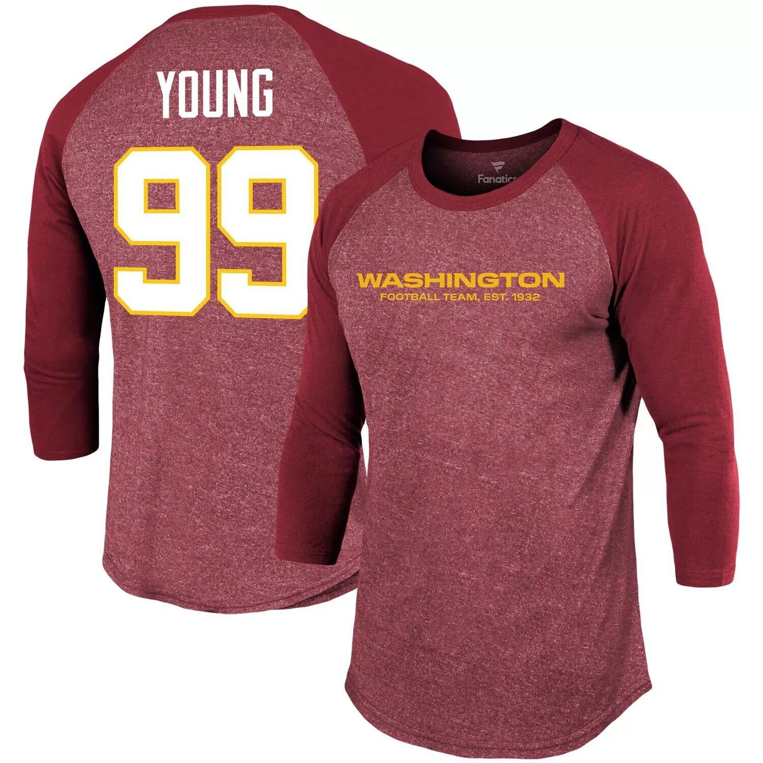 

Мужская футболка Fanatics Branded Chase Young Burgundy Washington Football Team Имя и номер игрока трехцветной футболки реглан с рукавами 3/4 Majestic